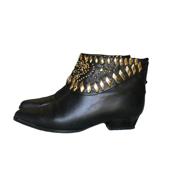 Vintage Black Leather Ankle Boots Gold Studded Western Pointed Toe Zip Booties 8 - Picture 5 of 15